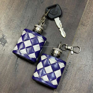 Stylish Genuine Leather <b>Mini</b> Keychain Flask Checkered Pattern Hip Flask Portable Pocket Bottle with Key Ring Wholesale Gift Item - Product Image 4