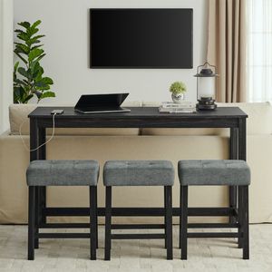 Mesa de Bar con Tomacorrientes de 59 Pulgadas, 3 Taburetes Tapizados, Juego de Mesa y Sillas de Comedor de 4 Piezas para Sala de Estar, Muebles para Oficina en Casa - Product Image 2