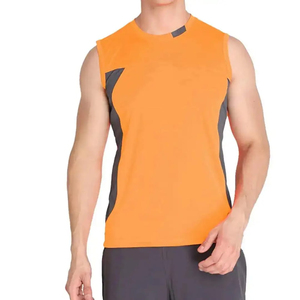 Camiseta sin mangas para hombre, color naranja, con bloques de color, de secado rápido, deportiva, con cuello redondo, tejida, para fitness. - Product Image 3