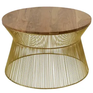 Mesa de centro con tapa de madera y marco dorado de metal para el hogar, sala de estar, villas, uso decorativo, muebles, mesa de centro - Product Image 1