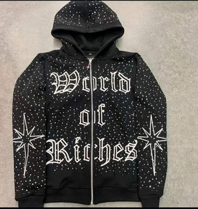 Sweat à capuche zippé personnalisé OEM ODM, broderie appliquée, logo, effet vieilli, délavé à l'acide, vintage, avec strass, pour homme - Product Image 5