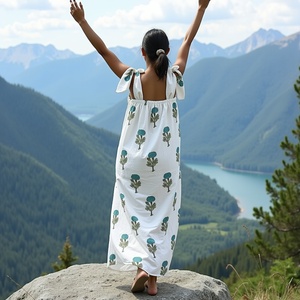 Adya International Casual Summer Maxi Dress Robe sans manches Décolleté carré Bretelles à nouer Bleu Vert Floral Block Print - Product Image 3