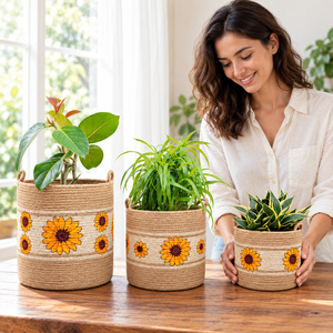 Lot de 3 pots de fleurs écologiques en jute tressée, motif floral, légers et ronds, pour plantes d'intérieur - Product Image 5