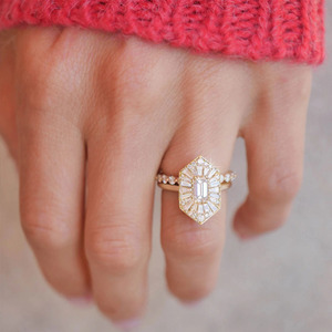 Lab Grown Diamond Art Deco Ring Yellow <b>Gold</b> Baguette Halo Emerald Cut Bridal Ring <b>Top</b> Main Keywords: - Product Image 4