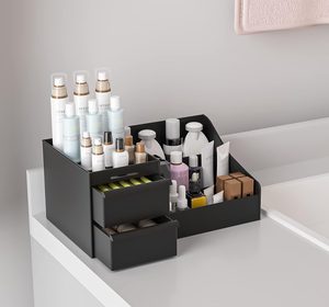 Organizador de maquillaje negro de 3 niveles con cajones, caja de almacenamiento de cosméticos desmontable, organizador de almacenamiento para el hogar. - Product Image 1