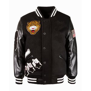 Veste universitaire noire pour homme la plus vendue, personnalisée, avec broderie tigre et patch drapeau américain, manches en cuir, tenue décontractée pour l'automne - Product Image 2