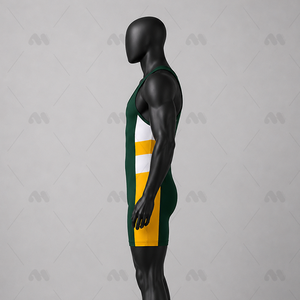 Singlet de Lucha Personalizado para Hombre, Sublimado, con Bloques de Color Verde, Amarillo y Blanco, Ajustado, Elástico, de Spandex/Poliéster, para Artes Marciales - Product Image 3