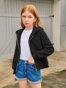 Sweat-shirt unisexe noir à capuche et fermeture éclair pour enfants, manches longues, couleur unie, décontracté, sportif, avec poches, pour le printemps et l'automne - Product Image 3