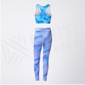 North Approach 2 Piece Yoga Set Racerback <b>Crop</b> <b>Top</b> Full Length Leggings Gradient <b>Blue</b> Print Breathable Sportswear - Product Image 2