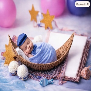 Berceau Bateau en Bambou Fait Main Unique pour Bébés, Bleu, Accessoire de Photographie, Écologique, Durable, Confortable, Lit Moderne en Forme de Cœur - Product Image 5