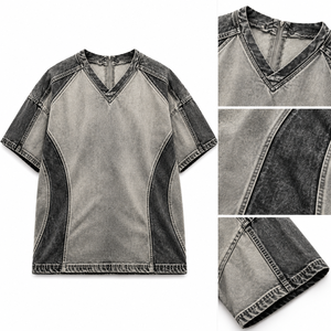 Custom Wholesale Vintage Washed Grey <b>V</b> <b>Neck</b> <b>T</b> <b>Shirt</b> Color Block Oversized Short Sleeve Streetwear Tee for <b>Men</b> - Product Image 6