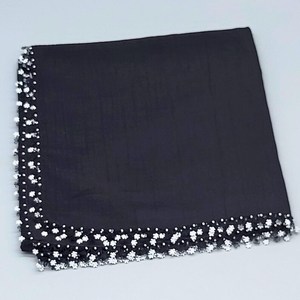 Handmade Stretchable <b>Black</b> Silk Square <b>Scarf</b> Gold Coin Trim Blue Beads Women's Headwear Polyester Embroidery Cross-stitching - Product Image 6