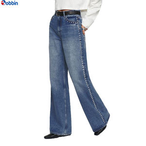 Fabricante de Jeans Casuales de Cintura Alta para Mujer, Estilo Vintage, Corte Recto, Holgados, OEM, con Lavado Ácido y Adornos de Cristales - Product Image 5