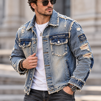 Veste en jean déchirée pour homme Sam Tactical, style streetwear, col rabattu, prix de gros, OEM, prix bas