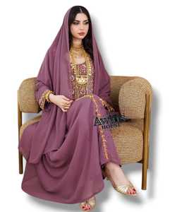 Awais House Women's Maroon <b>Chiffon</b> Floor-Length Abaya Beaded Embroidery Sheer Layer Modest Evening Formal Natural Long Sleeve - Product Image 2
