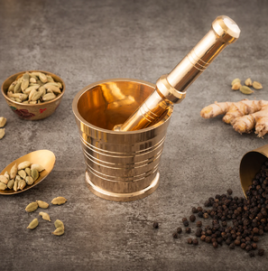 Traditional heavy brass spice <b>grinder</b> set with rimmed bowl and sturdy handle, available at wholesale prices. - Product Image 5