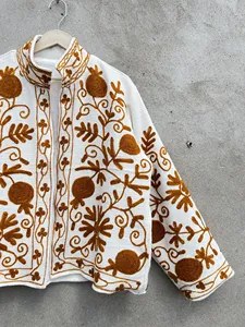 Women White Cotton Hand Embroidered Boho <b>Jacket</b> Brown Floral Suzani Style Ethnic Short Coat Outerwear - Product Image 3