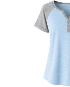 T-shirt pour femme bleu ciel gris à manches courtes, col Henley, manches raglan, en coton doux, décontracté, respirant, confortable, pour l'été et le quotidien - Product Image 4