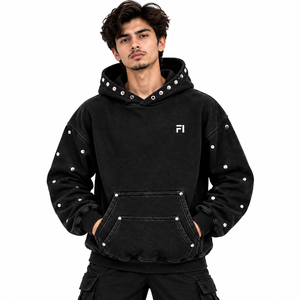 Custom Streetwear Vintage Acid Wash Pockets Boxy Fit Rhinestone Men <b>Black</b> Heavyweight Pullover Winter <b>Hoodies</b> OEM Supplier USA - Product Image 1