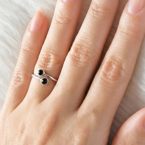 Rhaya Jewels Women Vintage Trendy Elegant Rhodium Plated 925 Sterling Silver Cut Dual Cabochon <b>Black</b> Onyx Bezel Setting <b>Ring</b> - Product Image 3