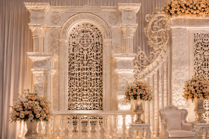 Decoración de Escenario para Recepción Estilo Bollywood Blanco de Lujo, Decoración de Escenario para Boda Estilo Bollywood, Escenario para Boda con Temática Romana, EE. UU. - Product Image 5