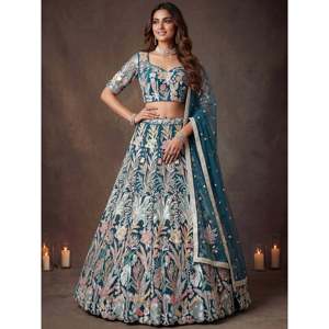 Conjunto de Lehenga Choli de Talla Grande para Mujer con Encantadores Lentejuelas Azules y Malla - Product Image 1