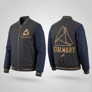 Blouson Bomber Unisexe Stalwart Gris Foncé Bleu Marine avec Broderie Logo Géométrique, Fermeture Boutons Recouverts, Style Décontracté Hiver Patchwork - Product Image 1