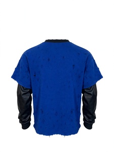 Custom High Quality Men Vintage Royal Blue Distressed Rhinestone Cross Graphic Oversized Heavyweight <b>Waffle</b> Fabric Sleeve 320g - Product Image 5