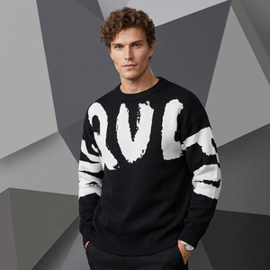 Suéter de punto extragrande para hombre, cuello redondo, estampado de letras, informal, manga larga, corte regular, beige, negro, con patrón - Product Image 6