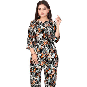 Conjunto de 2 piezas de microfibra estampado negro para mujer al por mayor, conjunto de descanso ecológico con cuello redondo, chándal para mujer, precio de fábrica - Product Image 1