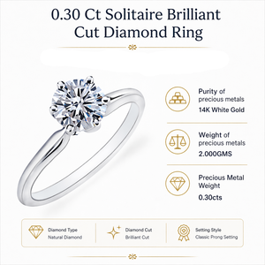 Anillo de Diamante Solitario de Corte Brillante de 0.30 Ct SI G |   Anillo de Compromiso Clásico con Engaste de Puntas en Oro Blanco de 14K, Joyería Fina Minimalista - Product Image 5