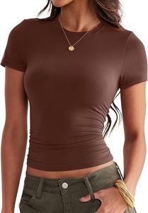 T-shirt court marron froncé à manches courtes et col rond pour femme, coupe ajustée, décontracté, en tricot de coton et élasthanne, Printemps-Été - Product Image 3