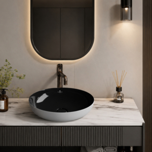 Lavabo Redondo de Sobremesa Negro Brillante, Diseño Moderno y Ecológico para Baño, con un Solo Orificio para Grifo - Product Image 1
