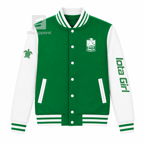 Custom Iota Phi Lambda Sorority Varsity <b>Jacket</b> green and <b>white</b> Full Sleeve Zipper Front banded Collar Embroidered Logo cotton - Product Image 1