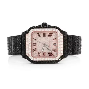 Reloj Clásico de Lujo con Cuarzo, Esfera Rosa con Diamantes Moissanite VVS, Correa de Diamantes Negros, Acero Inoxidable, 41 mm, Resistente al Agua - Product Image 1