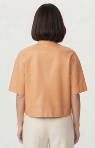 Camisa de Cuero Genuino sin Botones para Mujer, Blusa de Cuero Minimalista de Manga Corta, Camisas de Cuero de Manga Corta Suaves y Casuales a la Moda - Product Image 2