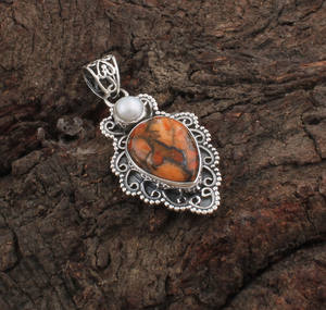 Collar con Dijes de Piedras Preciosas de Ostra Espinosa, Unisex, al por Mayor, con Engaste Vintage de Plata de Ley 925, Turquesa, Cobre Naranja y Perla - Product Image 1