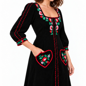 Vestido midi de pana negro para mujer, cuello cuadrado, manga tres cuartos, bordado floral, línea A, informal - Product Image 5