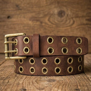 Ceinture en cuir de vachette pleine fleur noire pour hommes et femmes, style punk fantaisie, avec double boucle à ardillon et trous cloutés, décontractée, vente en gros - Product Image 3