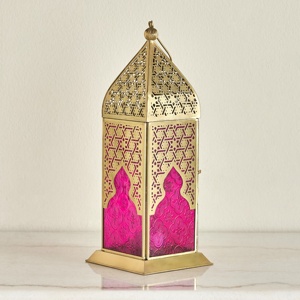 Opulent <b>Gold</b> Metal Moroccan <b>Lantern</b> with Pink Embossed Glass Decorative Candle Holder for Ramadan Home Decor - Product Image 2