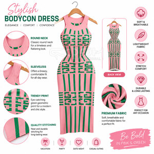 Vestido Largo Ajustado de Punto sin Mangas con Estampado Geométrico Rosa y Verde de la Hermandad de la Hermandad Femenina Cosh International, Elegante Cárdigan - Product Image 6