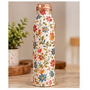 Bouteille d'eau en cuivre à imprimé marguerite bleue avec couvercle en cuivre, gourde de voyage portable - Product Image 2