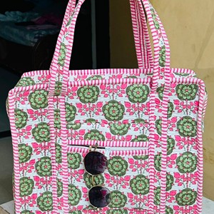 Bolsa de Mano Acolchada de Algodón Orgánico Ecológico, Bolsa de Lona con Estampado Floral Rosa y Verde, Estilo Bohemio con Cierre de Cremallera, Bolsa de Compras para Mujer - Product Image 3