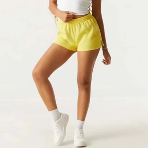Shorts en molleton tricoté jaune uni pour femme, taille mi-haute, avec cordon de serrage, coupe régulière, décontracté, respirant, écologique, 100 % coton - Product Image 2