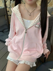 Sweat-shirts à capuche zippés pour femme, imprimé floral chat Kawaii vert, veste fine rose, vêtements de printemps et d'automne, streetwear mignon - Product Image 2