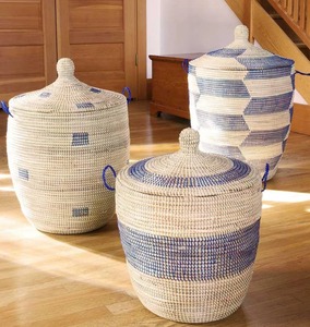 Set of 3 Handwoven Blue & Cream <b>Bath</b> Hamper Baskets Handmade <b>Storage</b> Basket Wholesale eco-friendly Made Viet Nam - Product Image 5