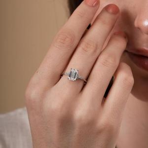 Emerald Cut Diamond <b>Ring</b> Solid White Gold Prong Setting Round Marquise Cluster Side Stone <b>Plain</b> Band Solitaire Engagement <b>Ring</b> - Product Image 4