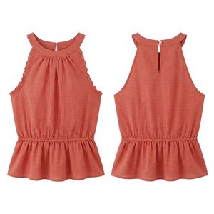 Chemisier élégant jaune pastel pour femme, avec plis décoratifs sur le devant, volant à la taille, en coton respirant, col rond, sans manches - Product Image 5