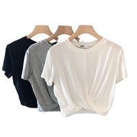 T-shirt court pour femme, bleu clair, manches courtes, col rond, coupe ample, en coton tricoté, couleur unie, respirant, pour le printemps - Product Image 5