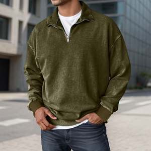 Plain 1/4 zipper closure Collar Men's Sweatshirt <b>Acid</b> Washed Long Sleeve Oversized <b>Drop</b> Shoulder Casual Pullover Top Pullover - Product Image 4